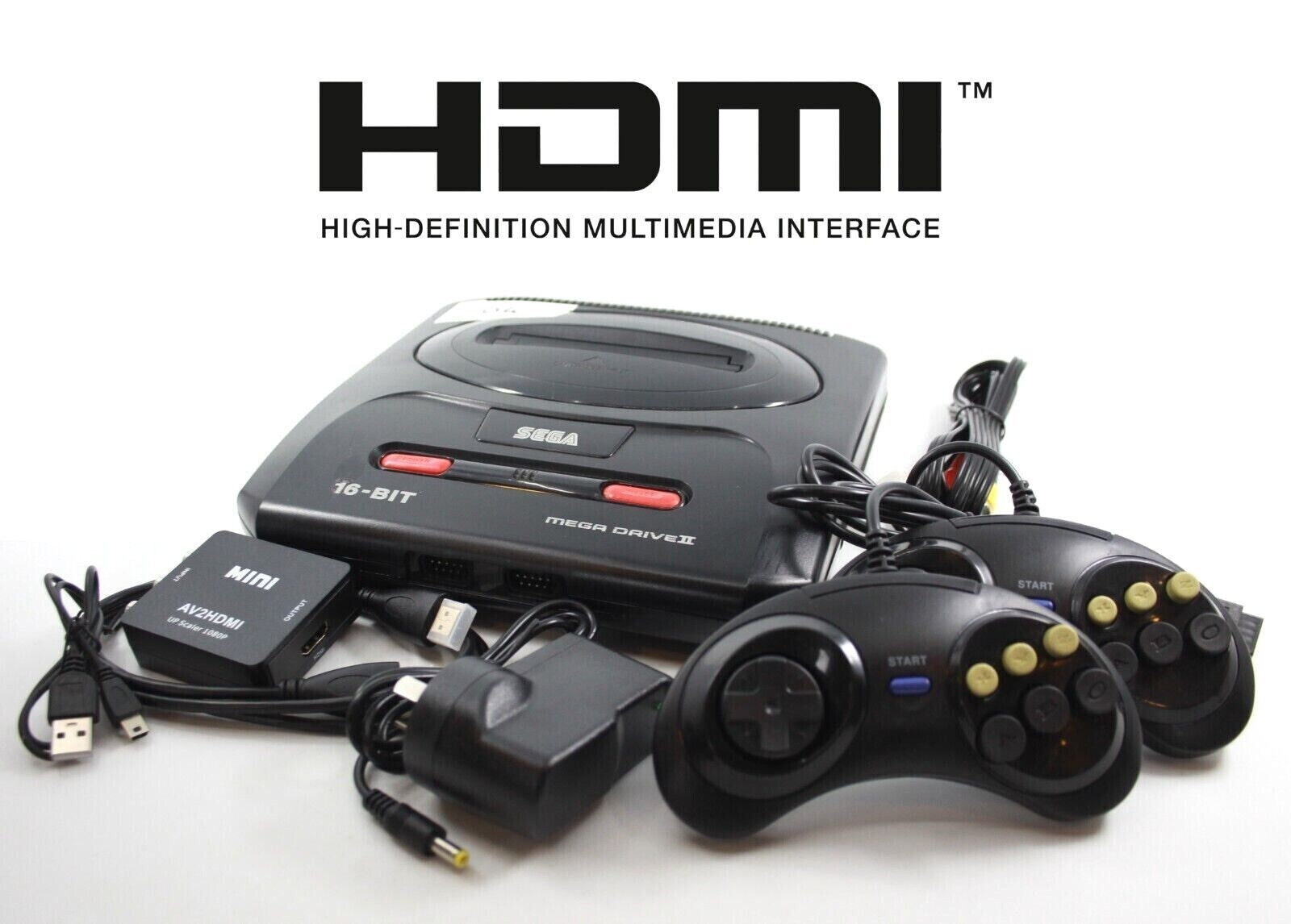 Sega Mega Drive Console (PAL) + Cords + 2x Controllers + HDMI