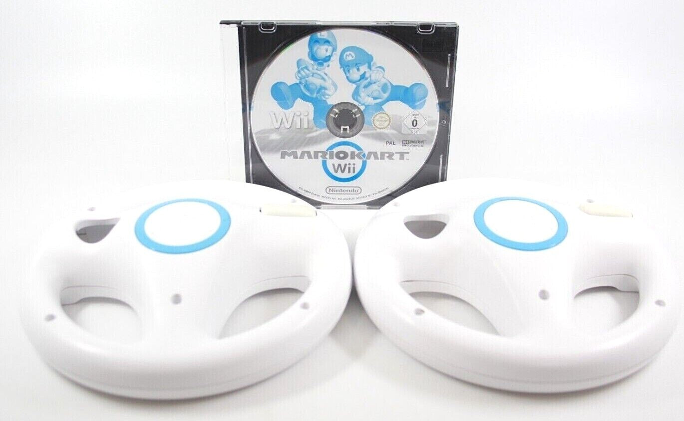 Mario Kart Wii + 2 Official Nintendo Wii Steering Wheel Bundle - PAL