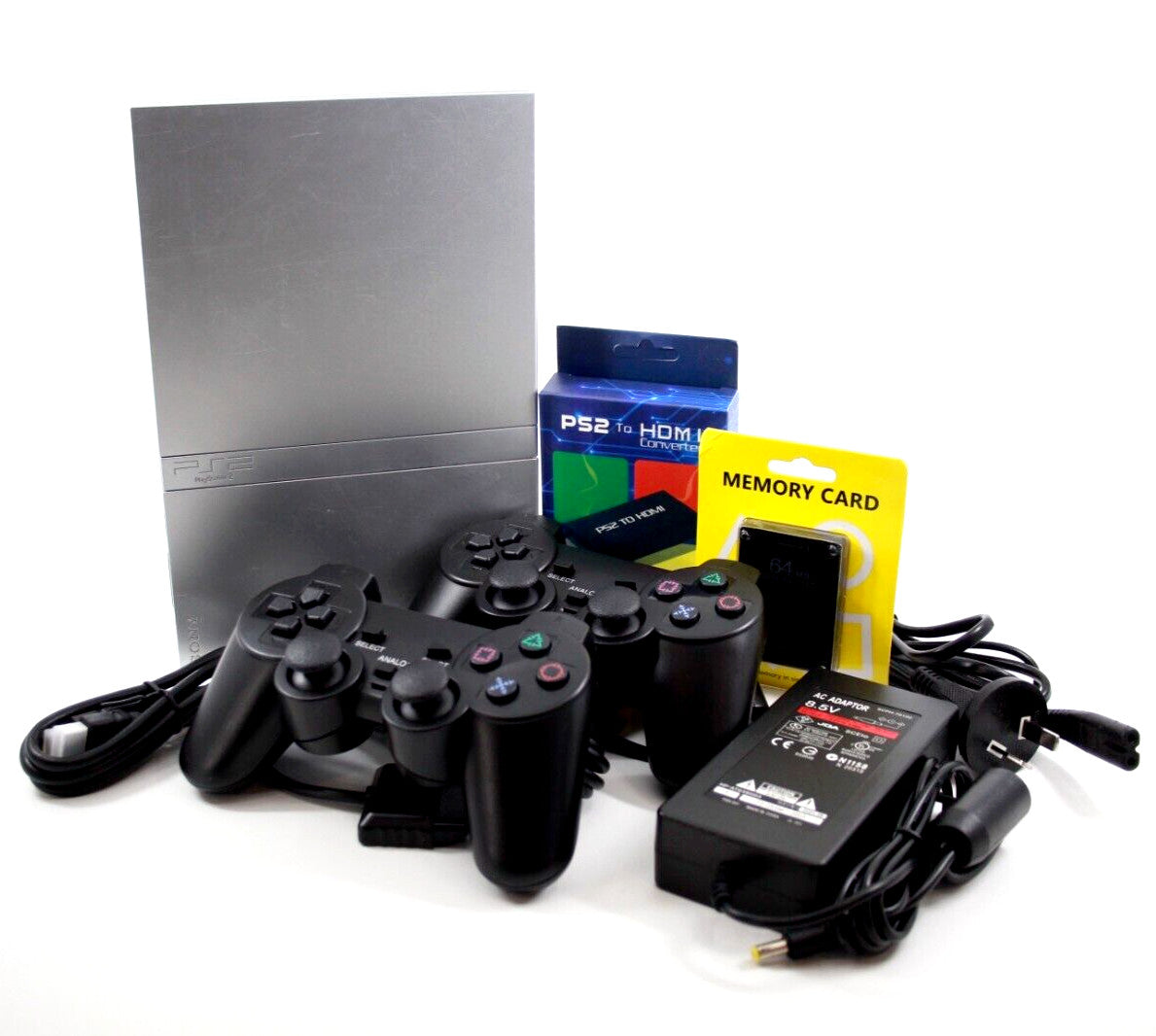 Sony Playstation 2 Slim Console - Silver- w/ 2x Controllers + Cords **HDMI** PS2