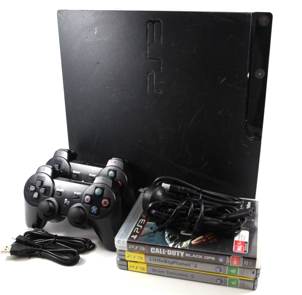 PS3 Console Bundle - Sony PlayStation 3 Slim + 2 Controllers + 3 Games - ACC**