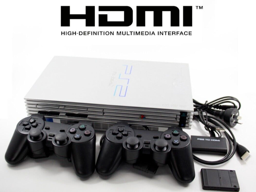 Sony Playstation 2 Console - Silver- w/ 2x Controllers + Cords ***HDMI*** PS2