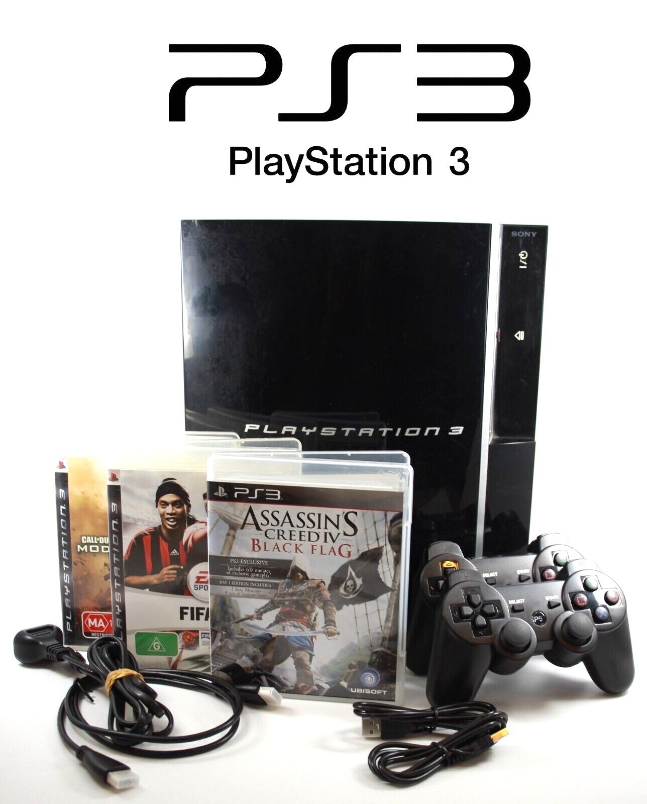 PS3 Console Bundle - Sony PlayStation 3 + 2 Controllers + 3 Games - TESTED