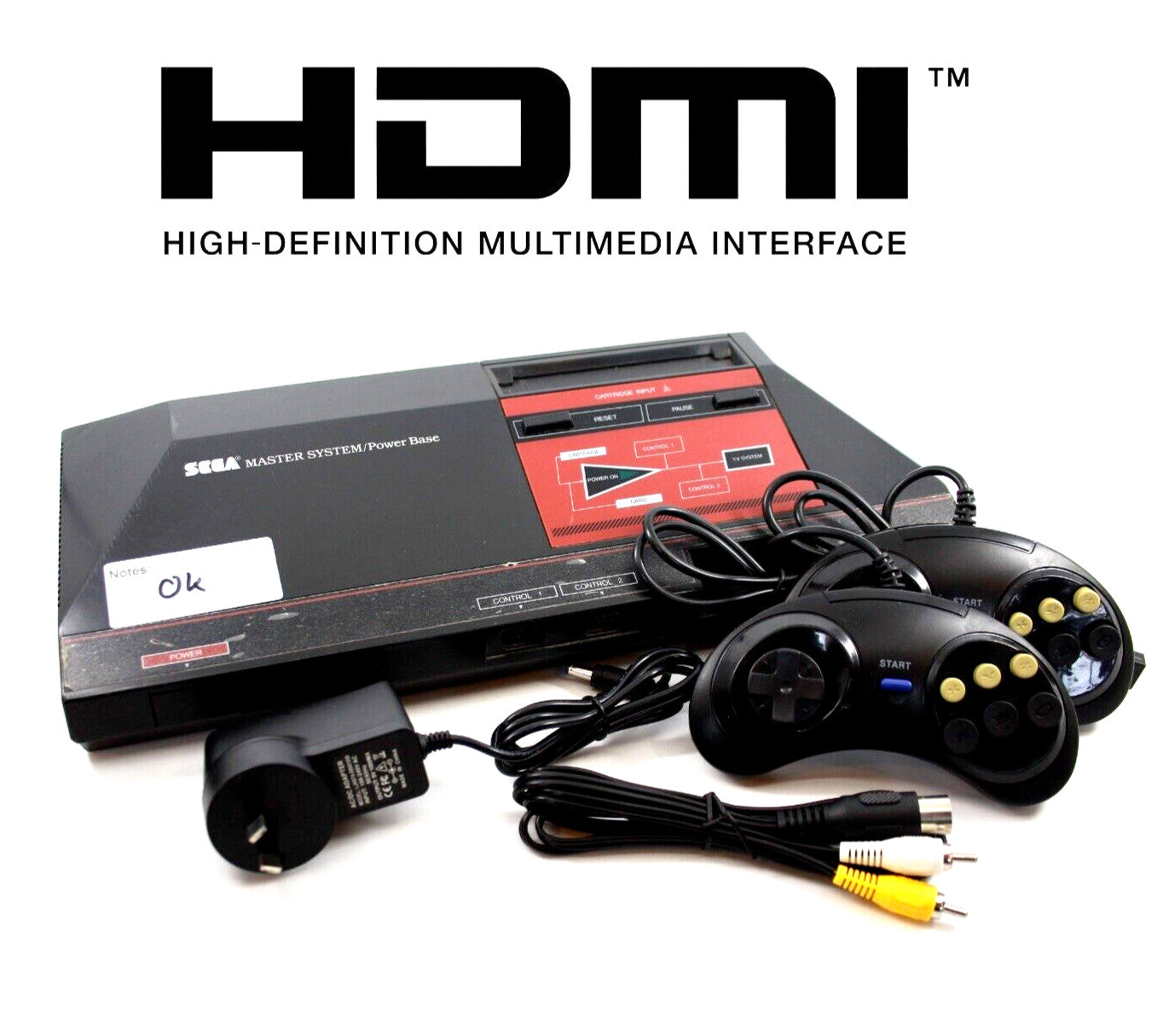 Sega Master System 1 Console (PAL) + 2x Controllers + All Cables + HDMI Adapter