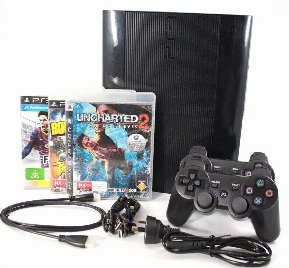 PlayStation 3 (PS3) Super Slim Console Bundle w/ 3x games + 2x Controllers