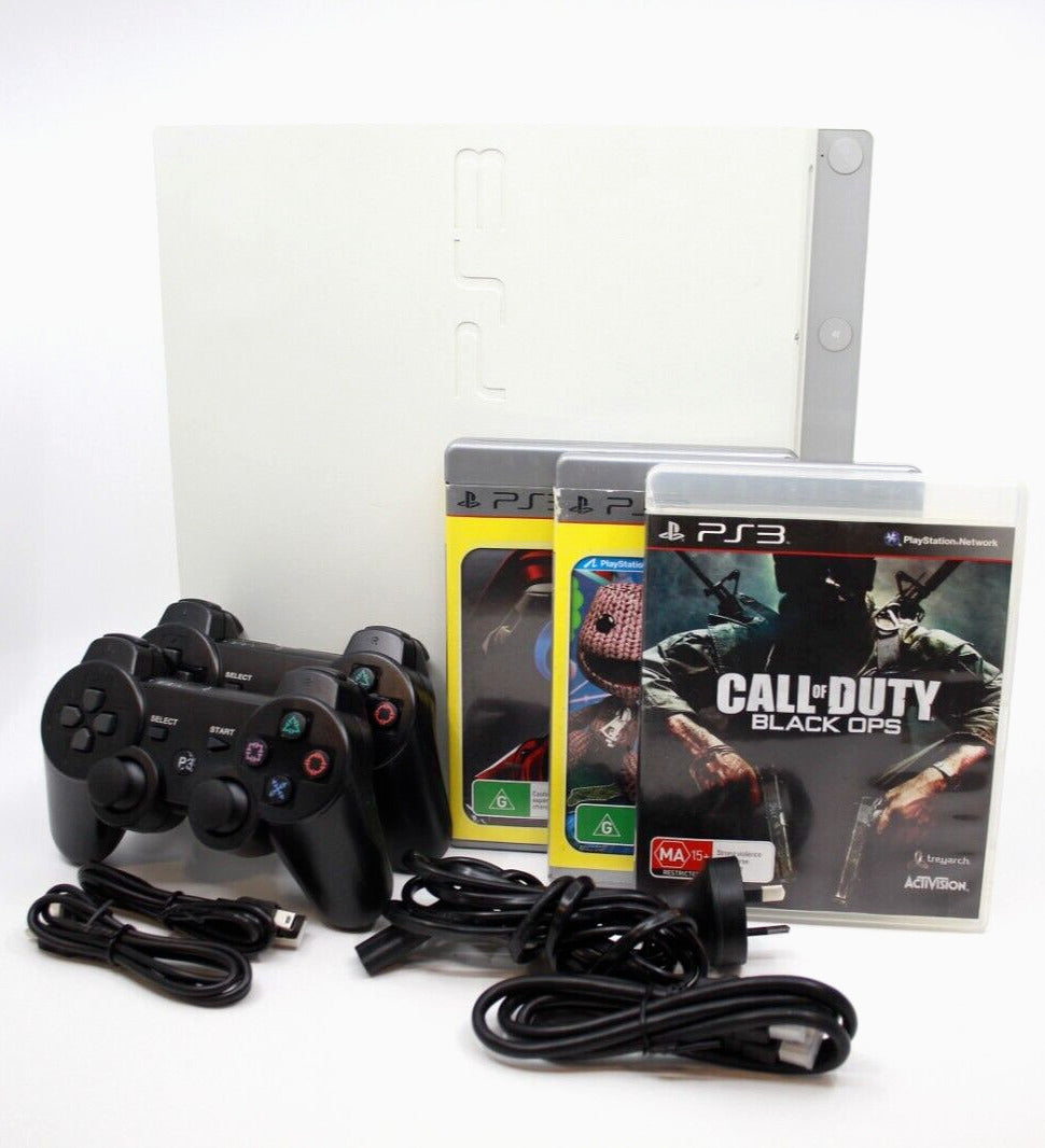 PlayStation 3 (PS3) Slim Console Bundle w/ 3x Games 2 Controllers [White] 320GB