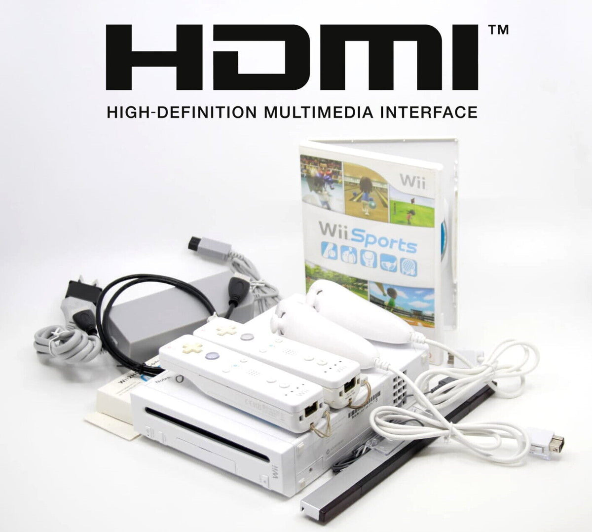 Nintendo Wii Console w/ 2x Genuine Controllers, Wii Sports, Cables + HDMI