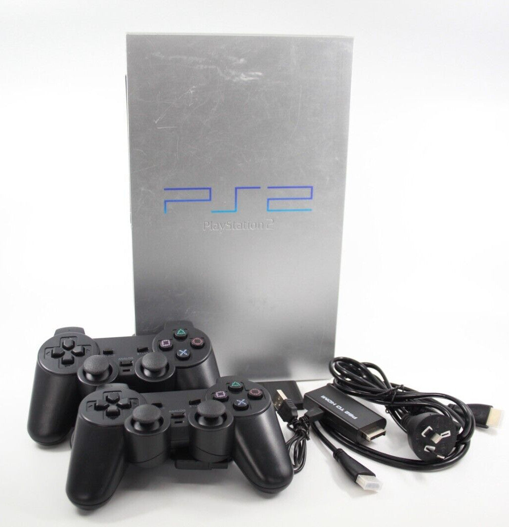 Sony Playstation 2 Console - Silver- w/ 2x Controllers + Cords ***HDMI*** PS2