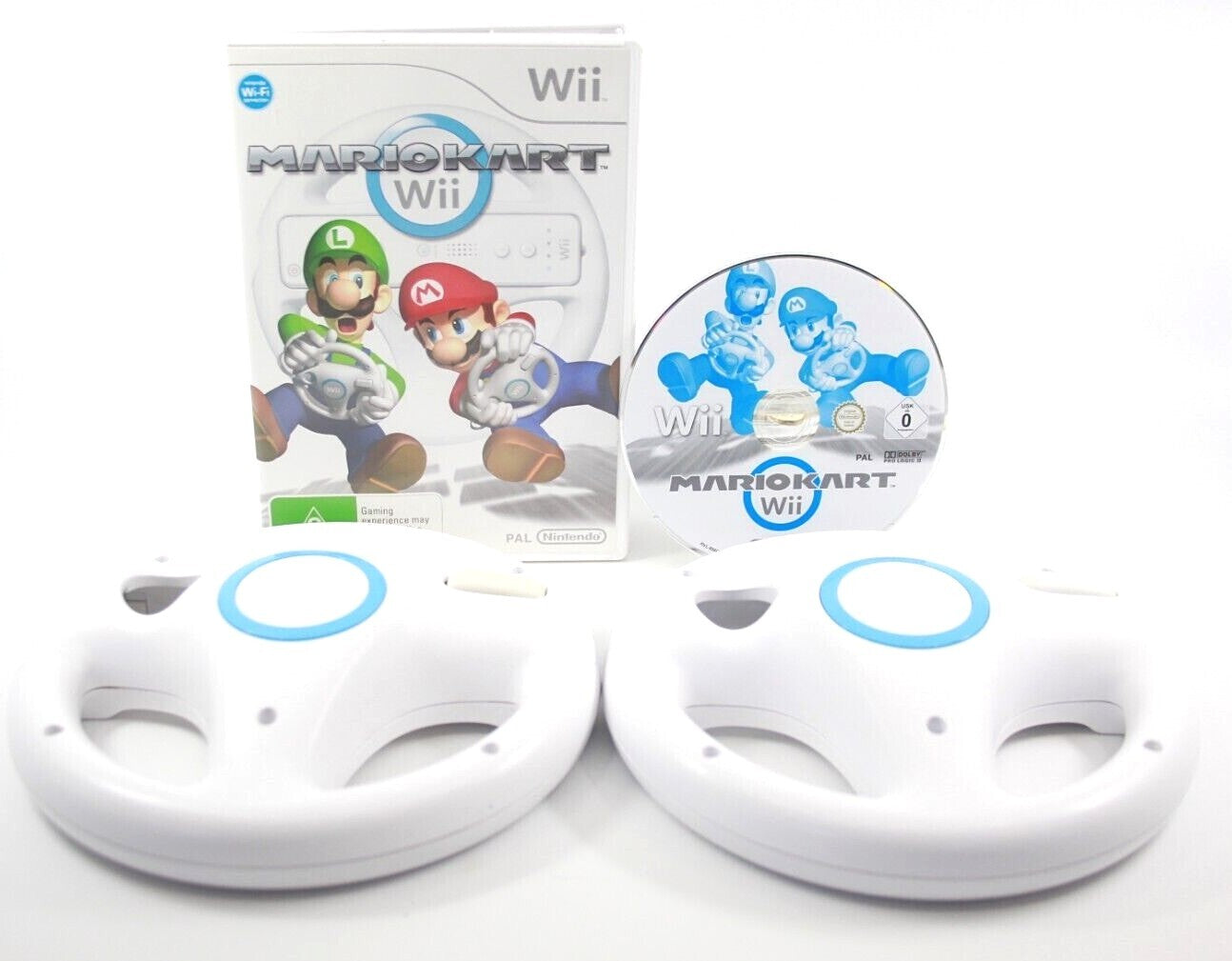 Mario Kart Wii + 2 Official Nintendo Wii Steering Wheel Bundle - PAL