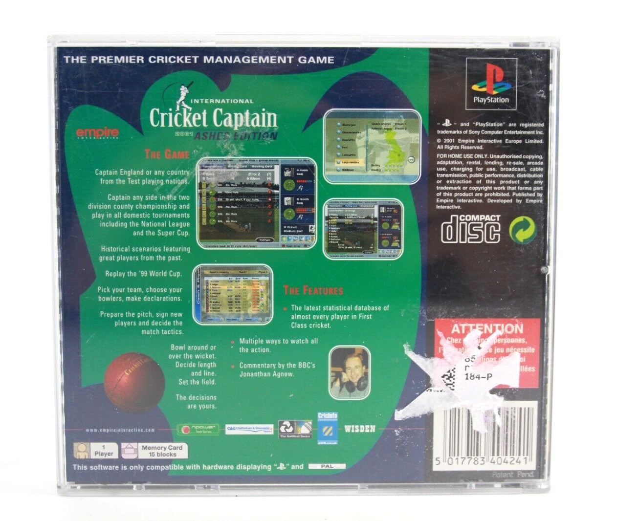 International Cricket Captain 2001 Ashes Edition - PlayStation 1 (PS1) [PAL]