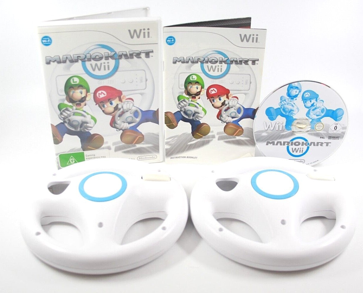 Mario Kart Wii + 2 Official Nintendo Wii Steering Wheel Bundle - PAL