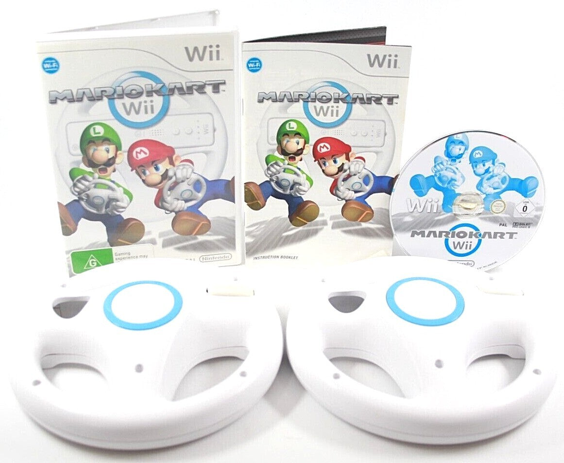 Mario Kart Wii + 2 Official Nintendo Wii Steering Wheel Bundle - PAL